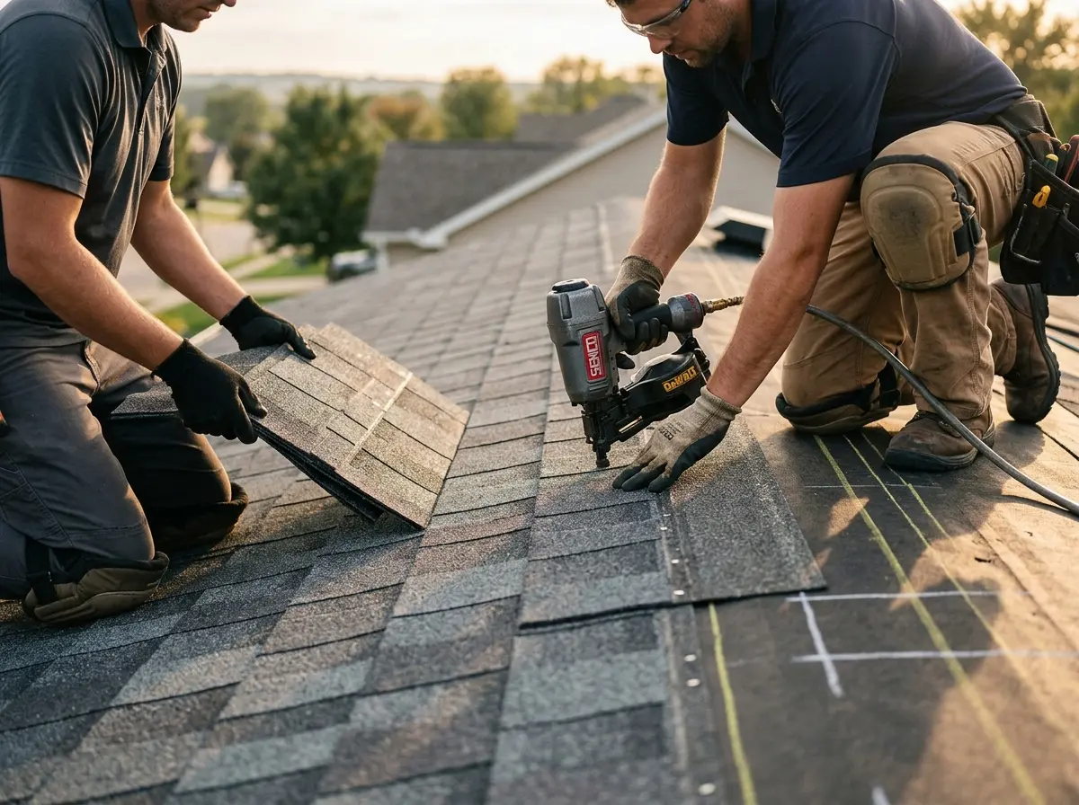 Professional roofer working on a residential roof in Hope